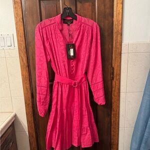 Terani Couture Hot Pink Eyelet Long Sleeve Belted Midi Dress